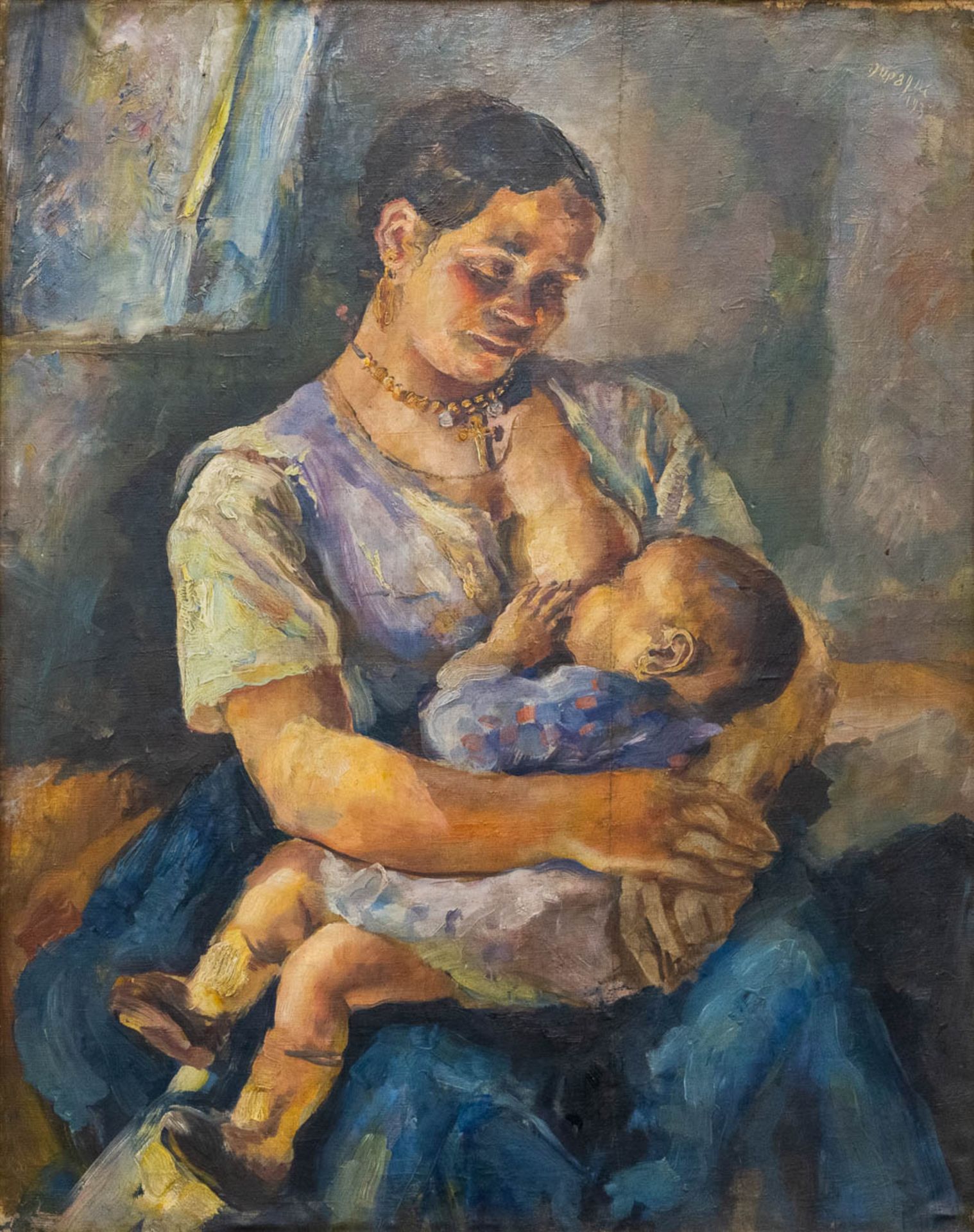 Adrien DUPAGNE (1889-1980) Mother nursing the child, oil on canvas, 1943. (74 x 92 cm)