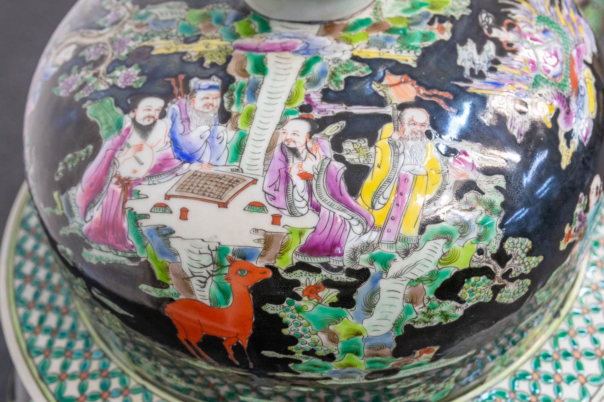 A huge pair of Famille Noir porcelain Chinese vases with a decor of immortals and playing children.  - Bild 11 aus 19
