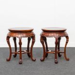 A pair of Eastern side tables made of hardwood combined with marble. (51 x 46 cm)