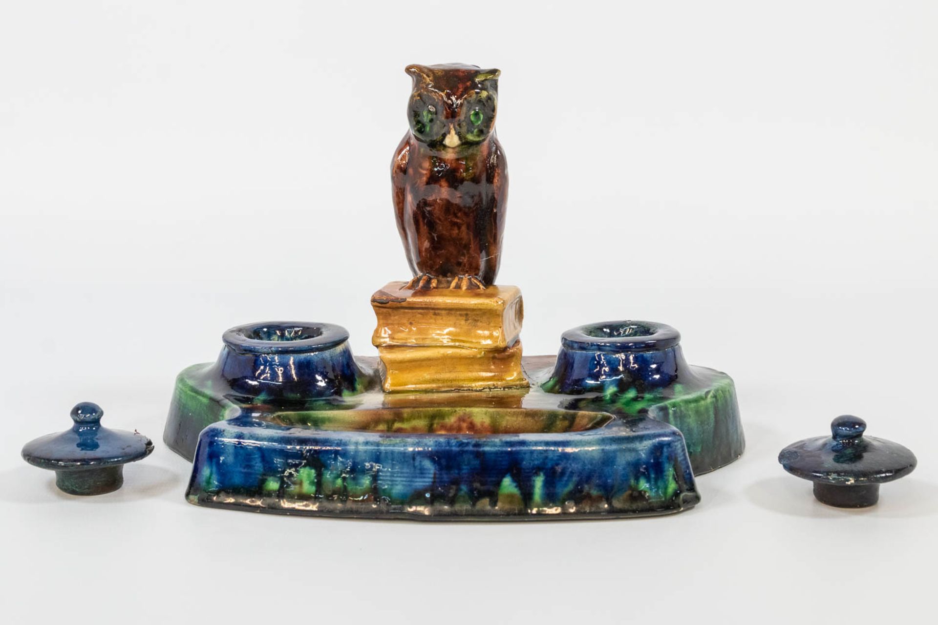 An ink set made of Flemish Earthenware with an owl figurine and marked Made in Belgium, most likely - Image 9 of 16