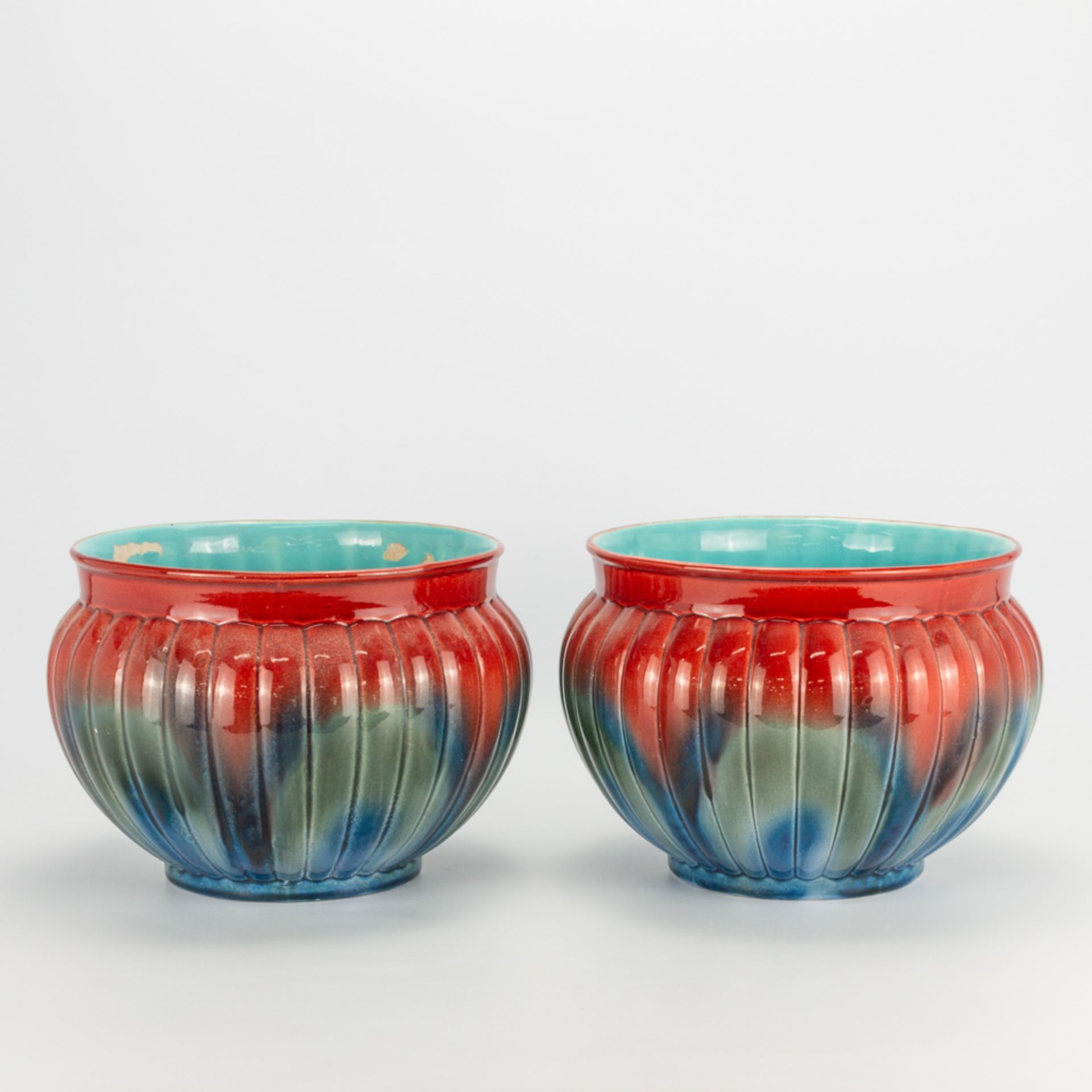 A pair of glazed cache-pots made in faience and during the art deco period, marked Sarreguemines. Ar - Image 3 of 11