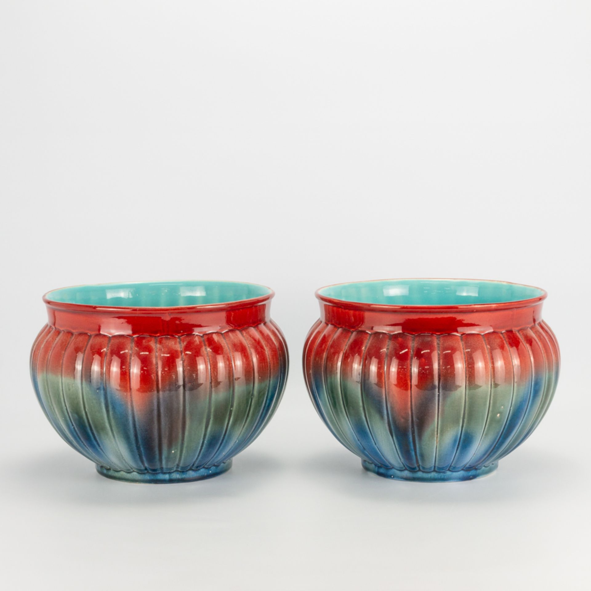 A pair of glazed cache-pots made in faience and during the art deco period, marked Sarreguemines. Ar - Image 5 of 11