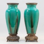 A pair of bronze mounted ceramic vases with turquoise glaze. (49 x 20 cm)