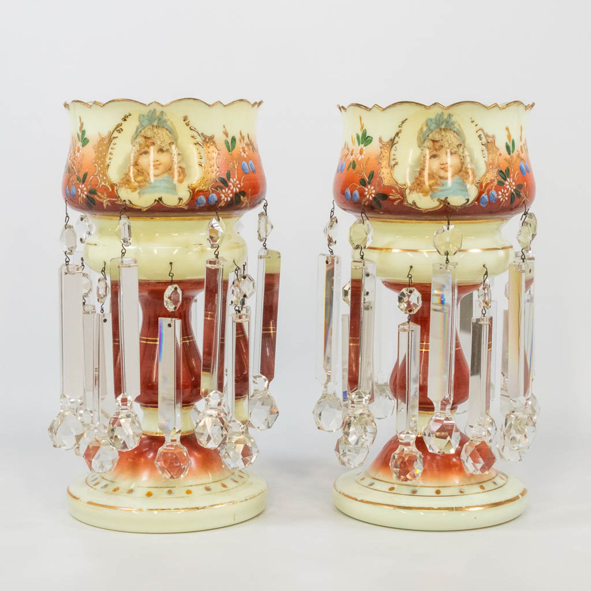 A pair of glass lustres, with hand-painted flowerdecor and printed images of children. (36 x 17,5 cm - Bild 8 aus 12