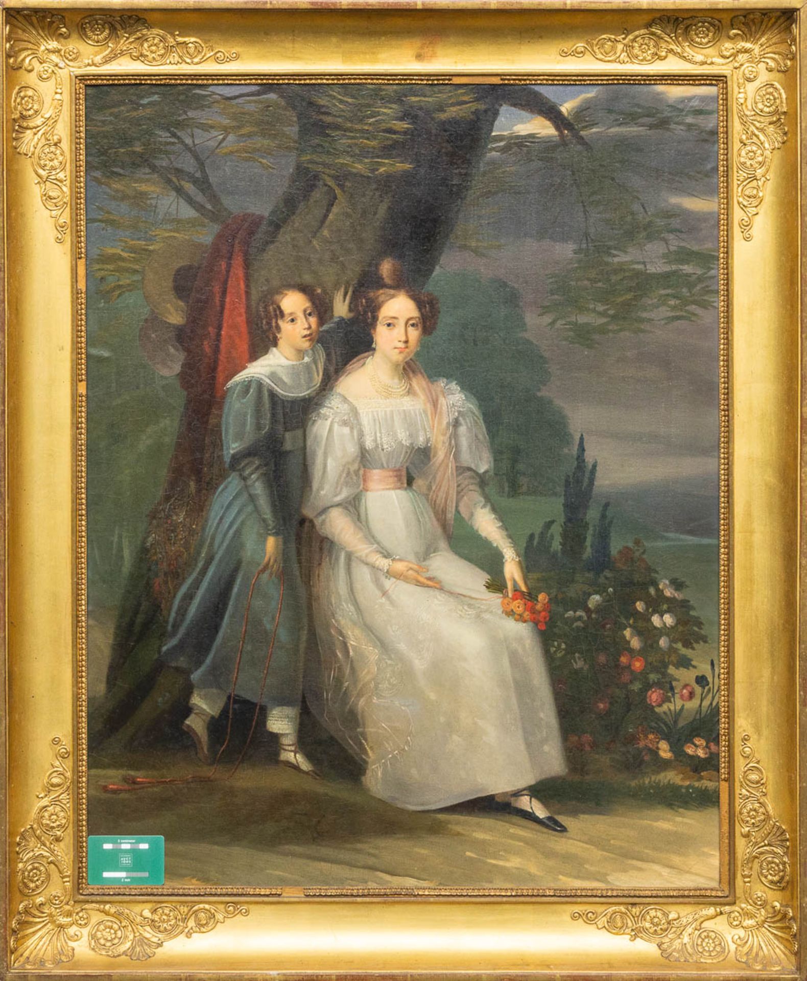 No signature found, an antique portrait of mother and daughter in an empire frame. First half of the - Bild 4 aus 8
