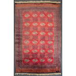 An Oriental hand-made and signed carpet, Bokhara. Made of silk and wool. (330 x 215 cm).