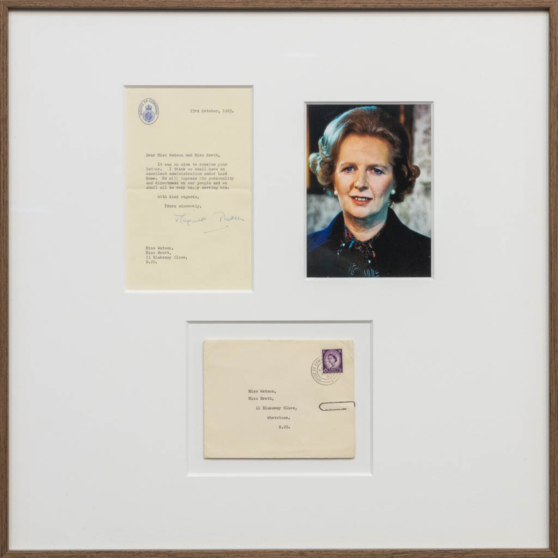 A letter signed by Margaret Thatcher, framed, and accompanied by original envelope and photo. (50 x 