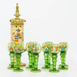 A set of 10 glasses and a decanter with hand-painted coat of arms decoration. Boheme glass. (46 x 13
