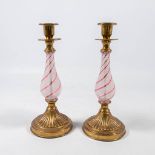 A pair of candlesticks, bronze mounted glass, made in Murano, Italy around 1920. (26 x 11 cm)