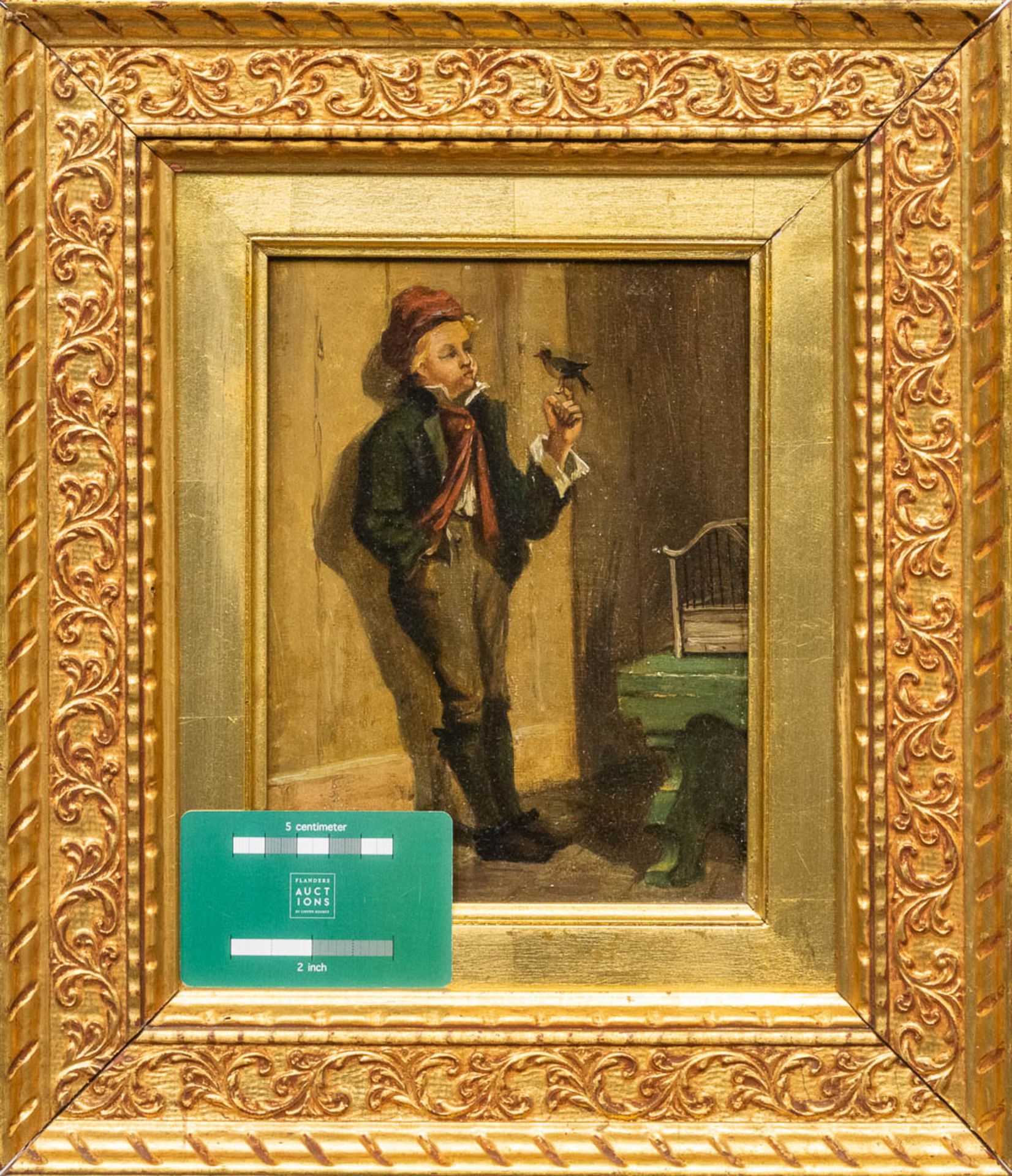 F. NOEL, elegant image of a boy with a bird, oil on panel. (16 x 21 cm) - Image 3 of 6