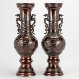 A pair of bronze Japanese vases decorated with landscapes and dragons, 19th century. (50,5 x 20 cm)