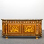 An exceptional sideboard mounted with bronze, marquetry inlaid with porcelain plaques and with a mar