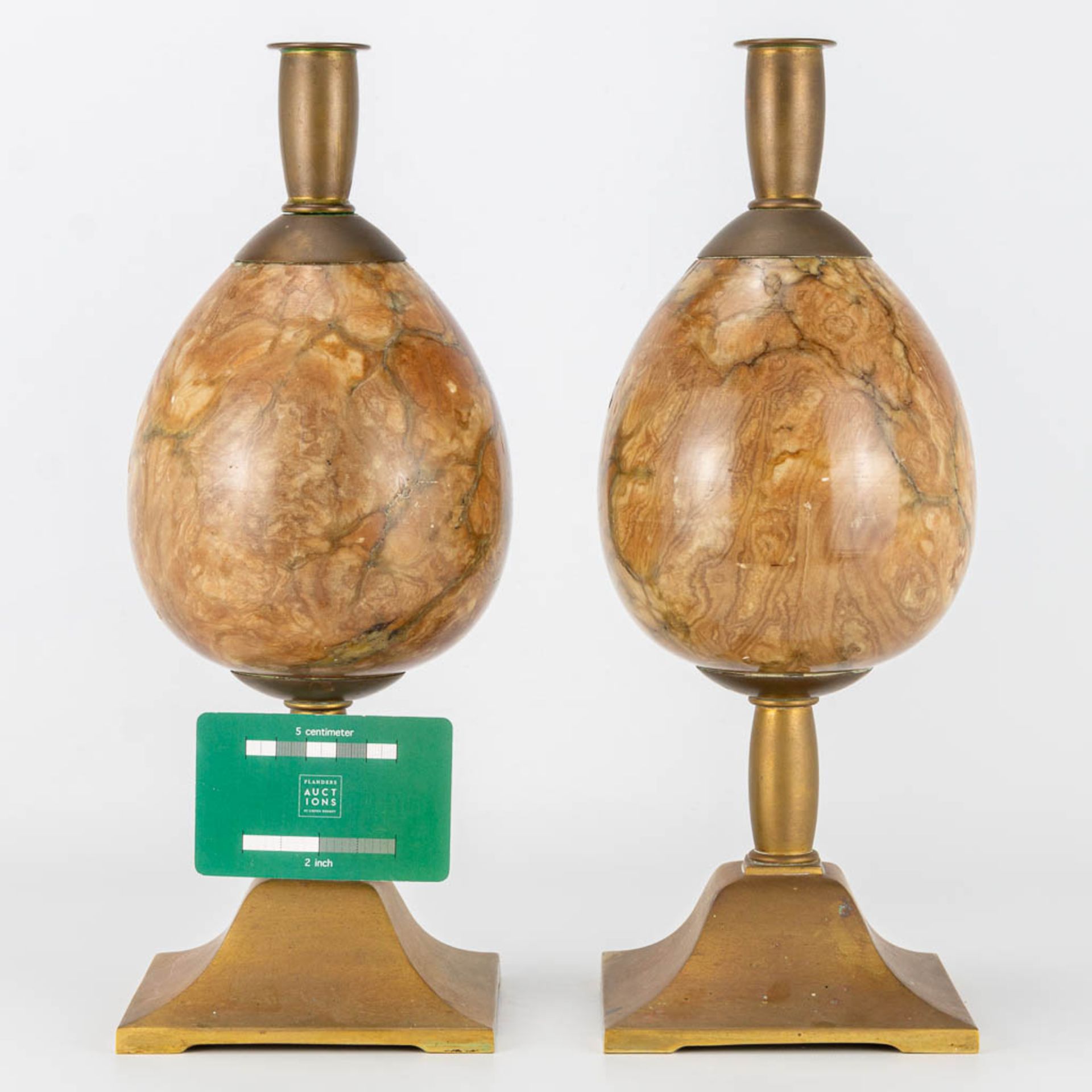 A pair mid-century candlesticks made of copper with an marble egg. (12 x 12 x 33 cm) - Image 9 of 14