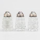 A set of 3 pepper and salt jars made of crystal with silver cap, marked Wolfers A835. (6,5 x 3,5 cm)