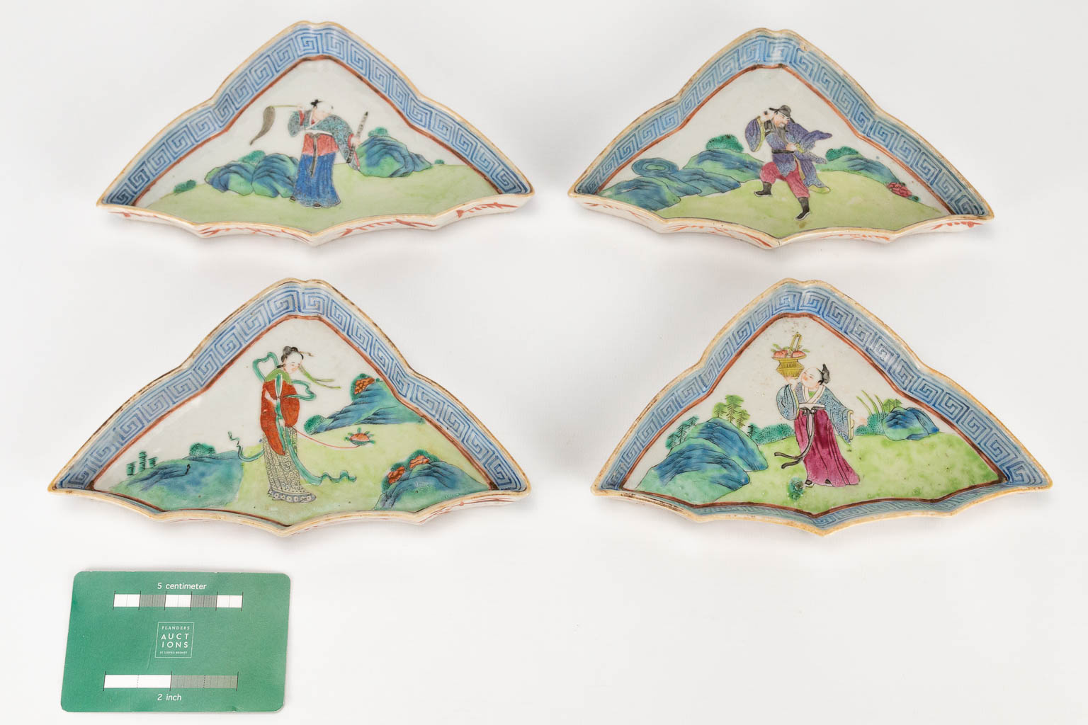 A set of 4 plates made of Chinese porcelain in a triangle shape with images of ladies and wise men. - Image 13 of 20