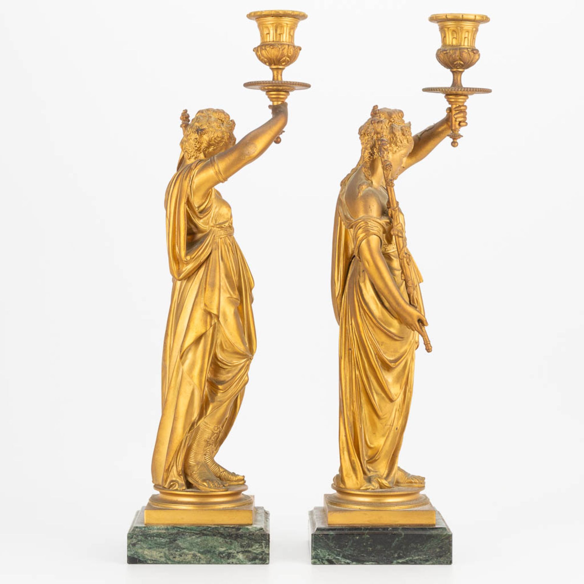 A pair of candlesticks made of gilt bronze with a pair of Greek-Roman ladies, marble base. Second ha - Image 4 of 18