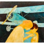 Jason TOMME (XX-XXI)(attr.) a painting of an airplane with figurines, oil on canvas. (80 x 75 cm)