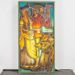A painted stained glass window "Tijl, Nele and the fox Reynaert". (9 x 52 x 102 cm)