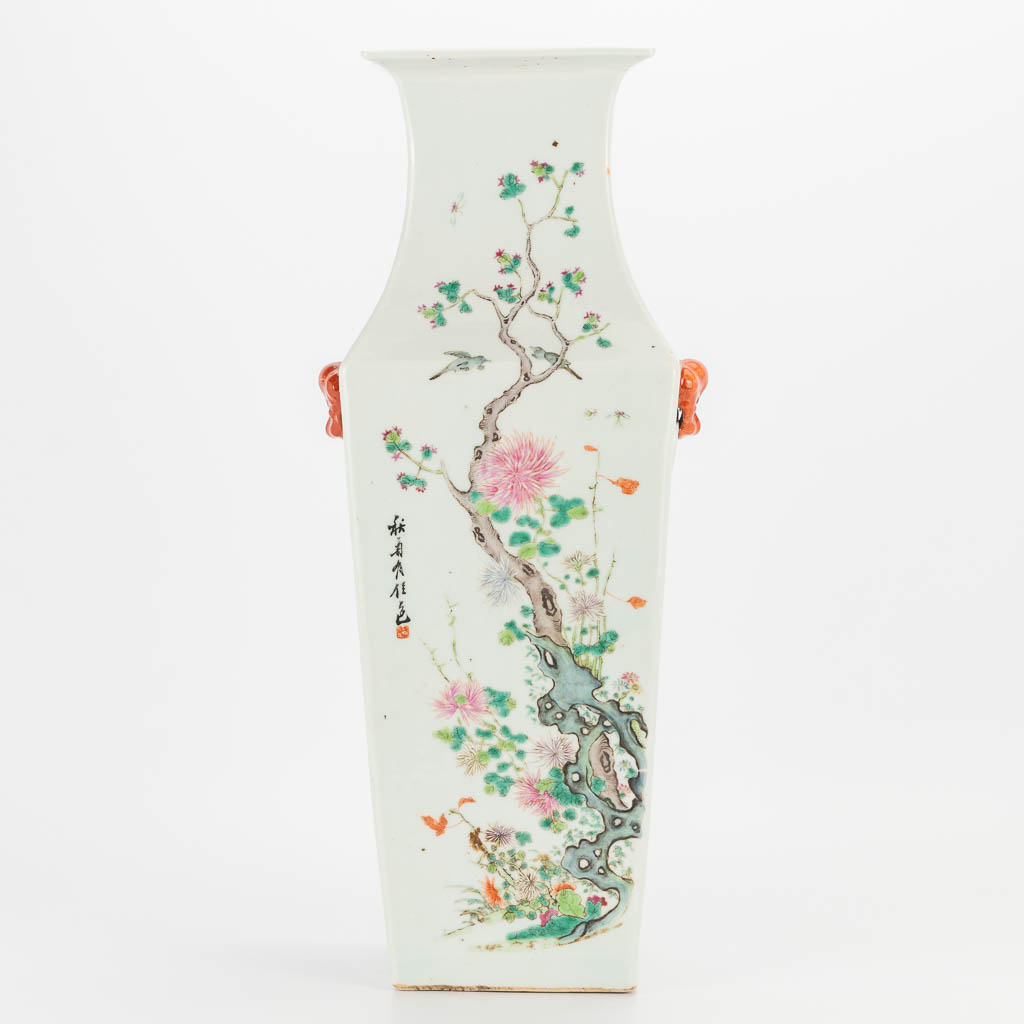 A square vase made of Chinese Porcelain, with decor of trees and birds, 19th/20th century. (15 x 17 - Image 6 of 21