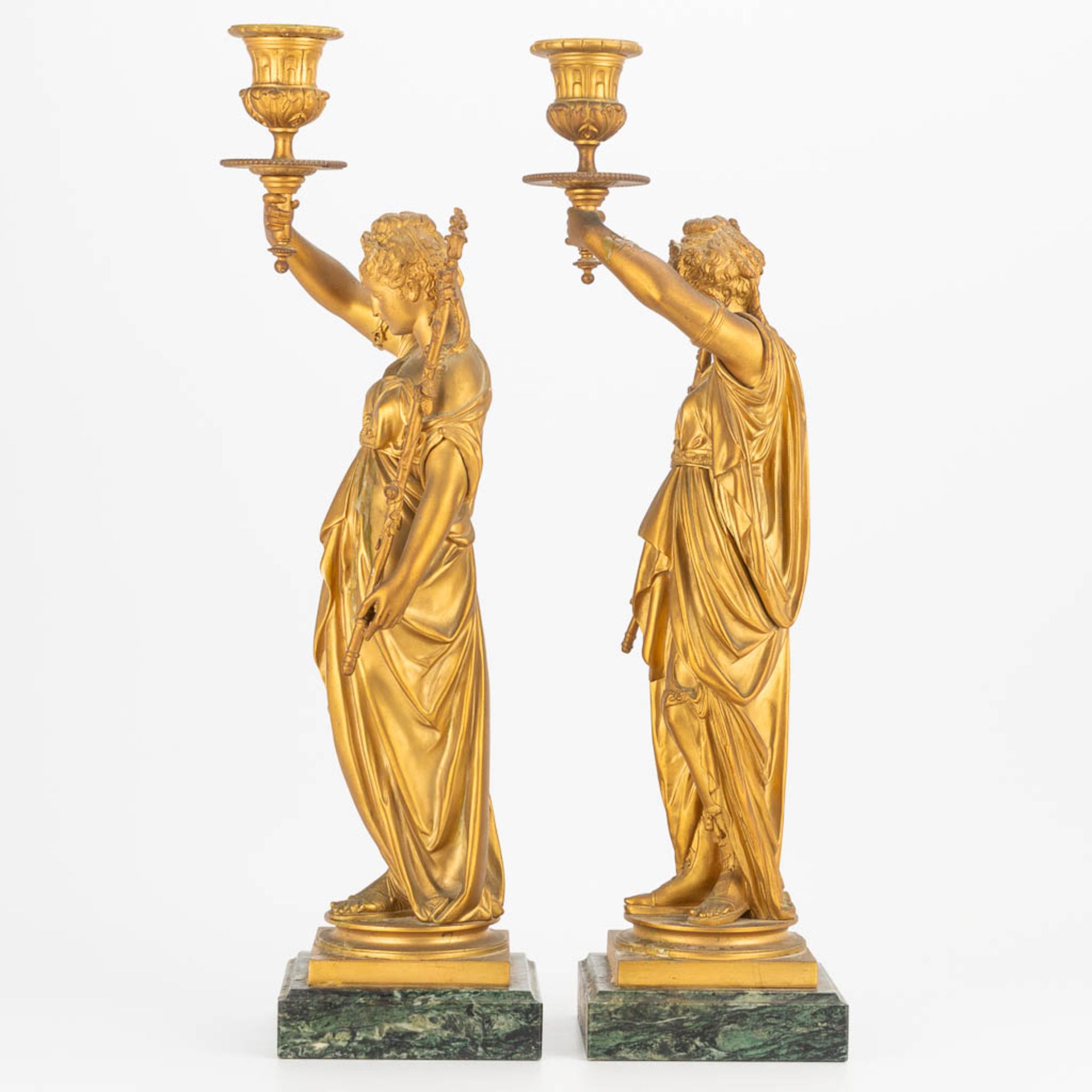 A pair of candlesticks made of gilt bronze with a pair of Greek-Roman ladies, marble base. Second ha - Image 8 of 18