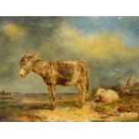 A painting of a donkey and a sheep, in the style of Edouard WOUTERMAERTENS (1819-1897) Oil on panel.