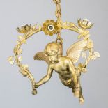 A chandelier ceiling lamp made of bronze with figurative angel with flowers. The second half of the
