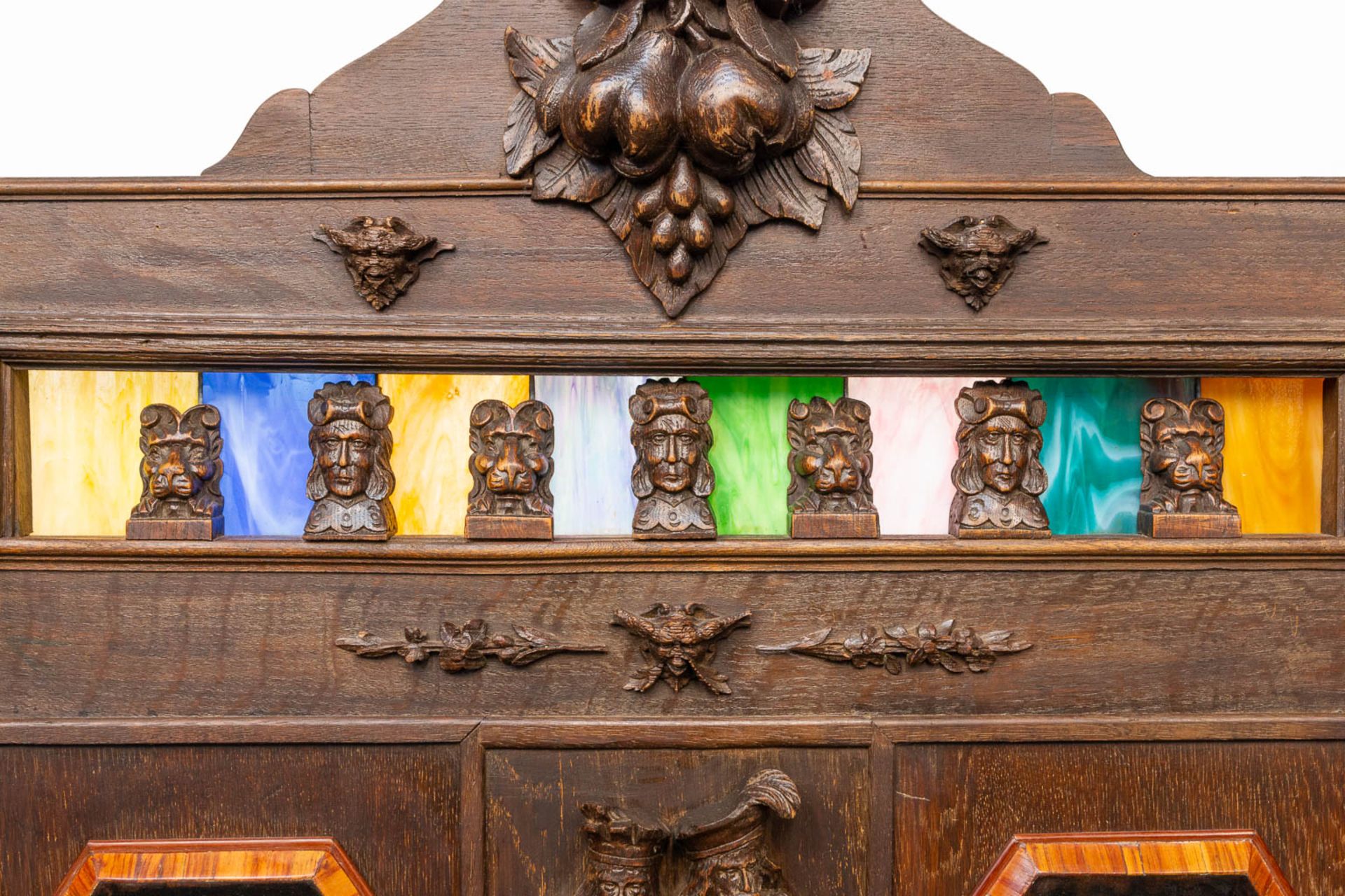 A hallbench made of different elements with marquetry inlay, stained glass and statues in Henry Deux - Image 18 of 21