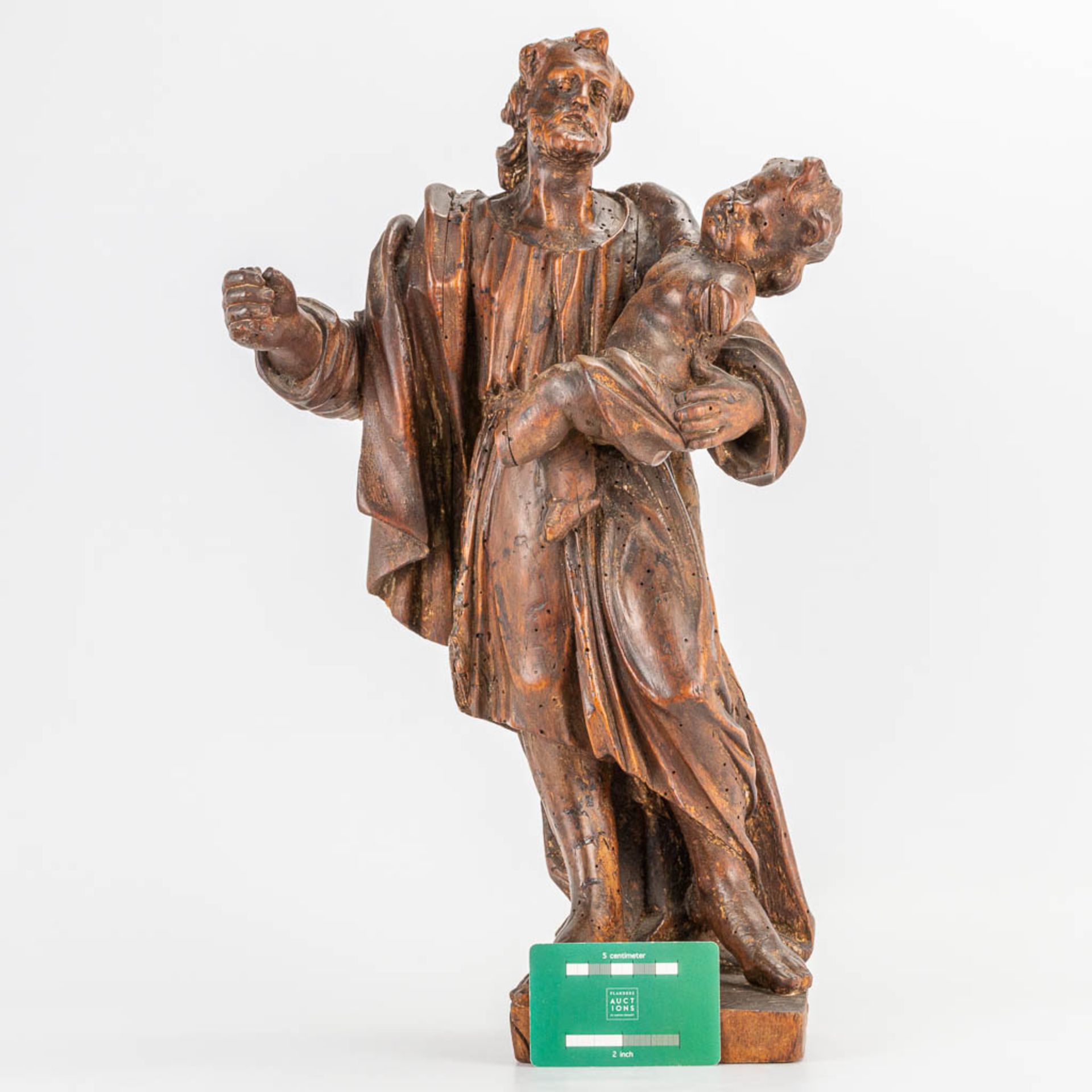 An antique wood sculptured statue of 'Joseph and Child.' 17th/18th century. (14 x 27 x 48 cm) - Image 6 of 11