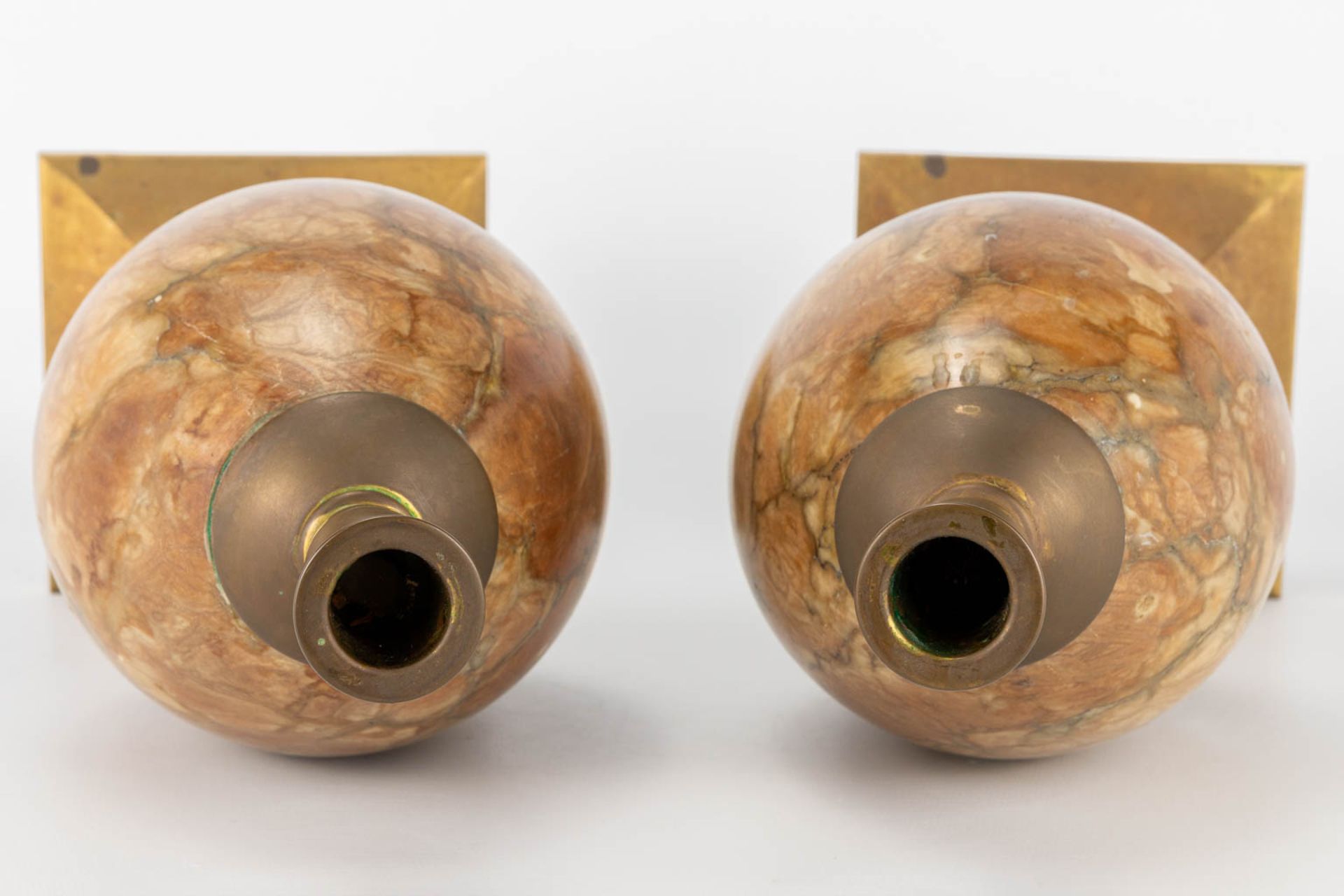 A pair mid-century candlesticks made of copper with an marble egg. (12 x 12 x 33 cm) - Image 5 of 14