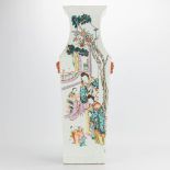 A square Chinese vase with decor of playing children, ladies in court and kalligraphic texts. 19th/2