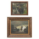 A collection of 2 paintings 'Water Reflections' and 'The Church', oil on canvas/panel. 19th/20th cen