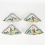 A set of 4 plates made of Chinese porcelain in a triangle shape with images of ladies and wise men.