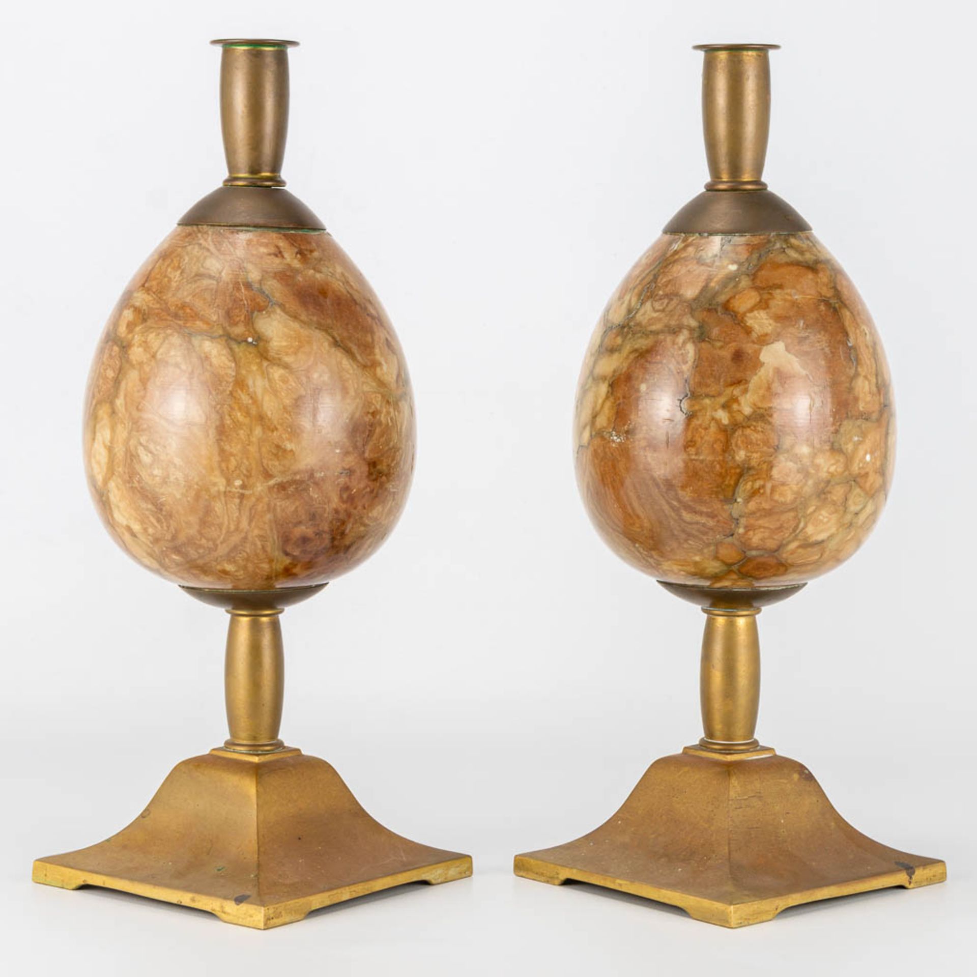 A pair mid-century candlesticks made of copper with an marble egg. (12 x 12 x 33 cm) - Image 12 of 14