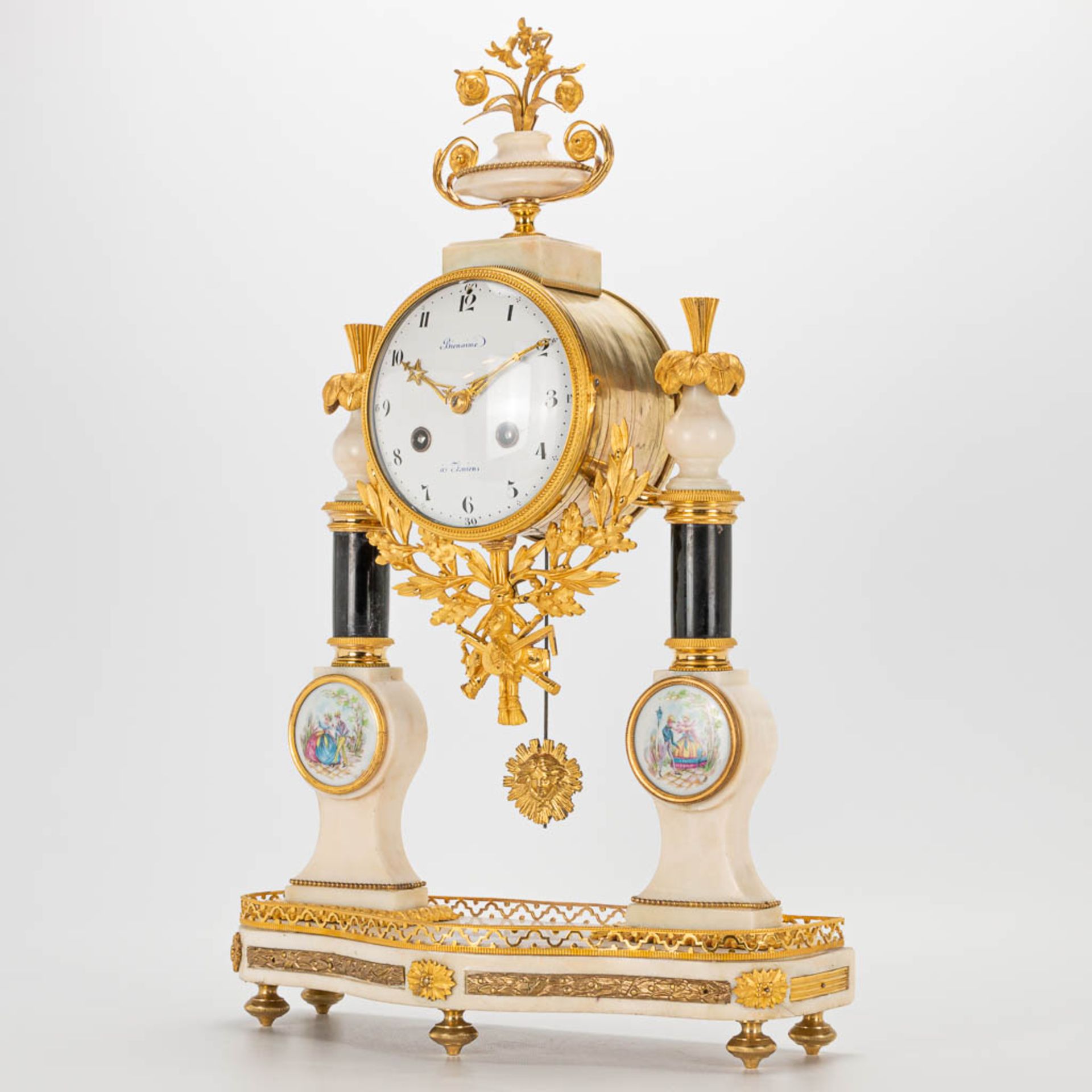 A Louis XVI style column clock made of bronze and marble, with handpainted Limoges plaques and marke - Image 11 of 23