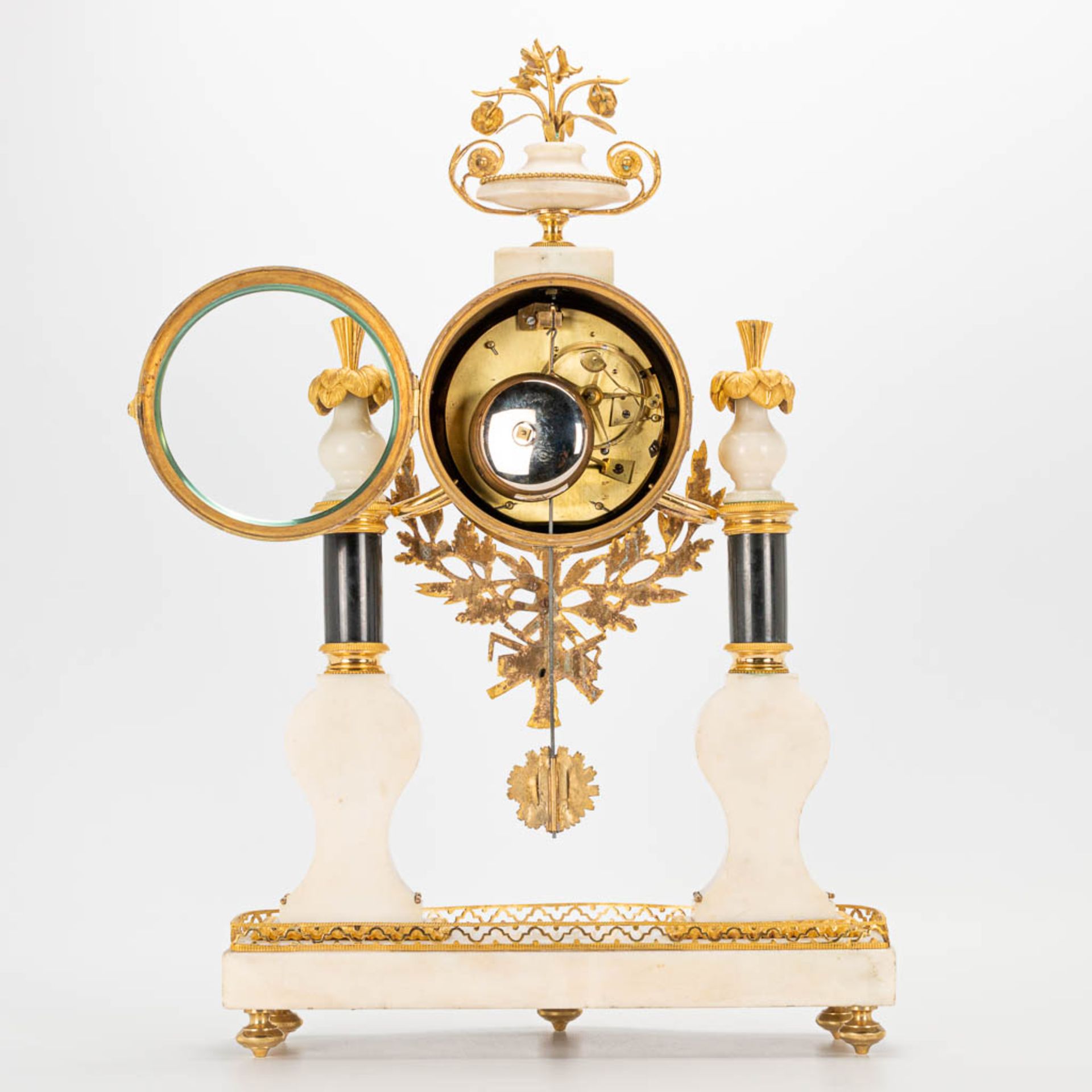 A Louis XVI style column clock made of bronze and marble, with handpainted Limoges plaques and marke - Image 10 of 23