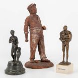 A collection of 2 bronze and a terracotta statue by Paul Van Gheyzegem, Petanqueplayer by Patrick Ha