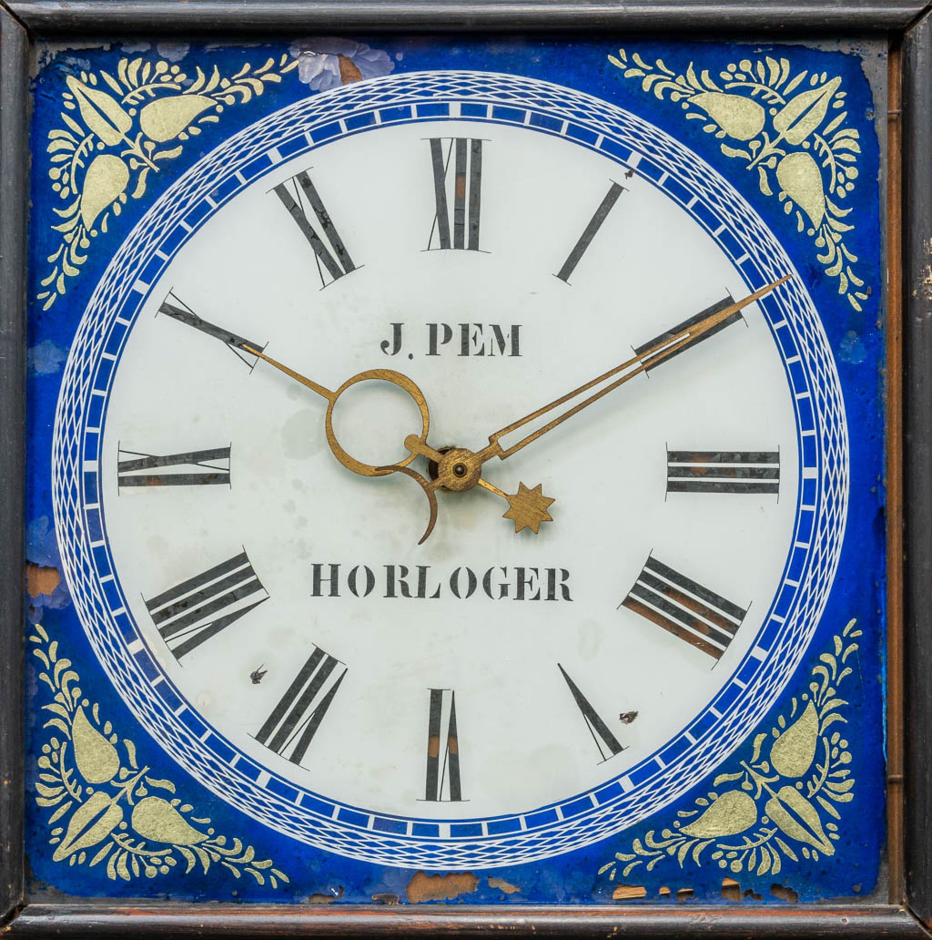 A clock with eglomise reverse glass painting, marked J. Pem Horloger. (12 x 39 x 39 cm) - Image 4 of 8