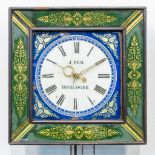 A clock with eglomise reverse glass painting, marked J. Pem Horloger. (12 x 39 x 39 cm)