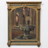 Georges CLAEYS (XX) the baptismal font of Bourges, oil on canvas glued on a panel. (46 x 61 cm)