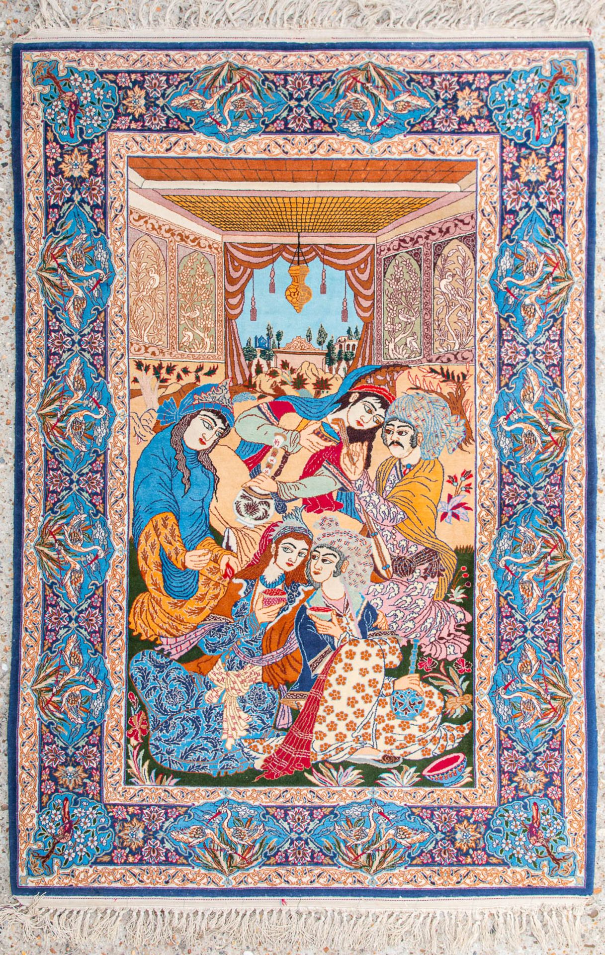 A figurative Oriental carpet, Tabriz, made of silk and wool. (161 x 109) (109 x 161 cm)