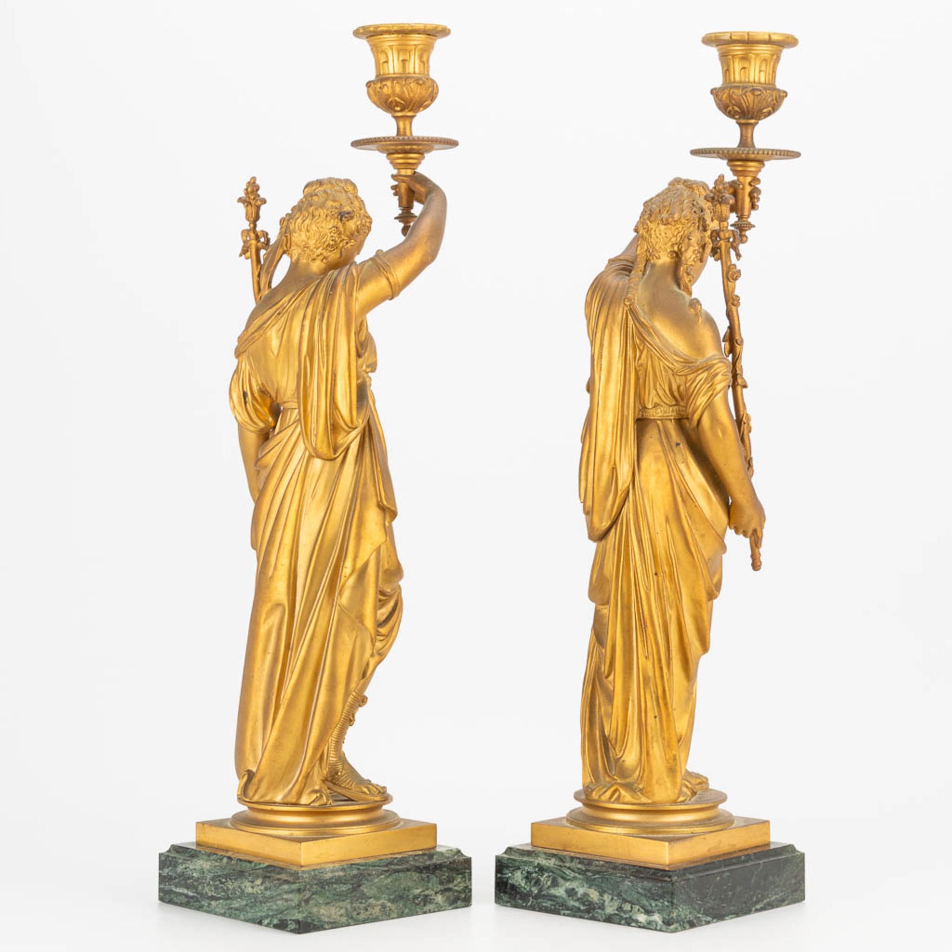 A pair of candlesticks made of gilt bronze with a pair of Greek-Roman ladies, marble base. Second ha - Image 6 of 18