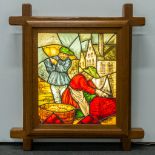 A painted stained glass window "Construction workers in Bruges". (11 x 73 x 82,5 cm)