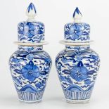 A pair of small Oriental vases wit lid, blue-white floral decor. (40 x 20 cm)