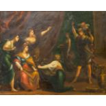 No signature found, an antique painting of a Roman soldier dressed with a lion, and ladies of the co