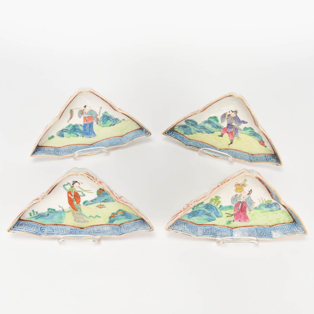 A set of 4 plates made of Chinese porcelain in a triangle shape with images of ladies and wise men. - Image 8 of 20