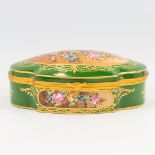 A porcelain trinklet box mounted with bronze and hand-painted decor and marked JD. Made in Limoges,