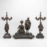A three piece garniture clock made of marble and bronze, The Astronomer. 19th century. (21 x 50 x 46