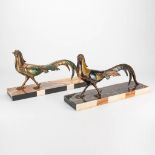 A collection of 2 pheasant sculptures in art deco style, spelter on marble base. The first half of t