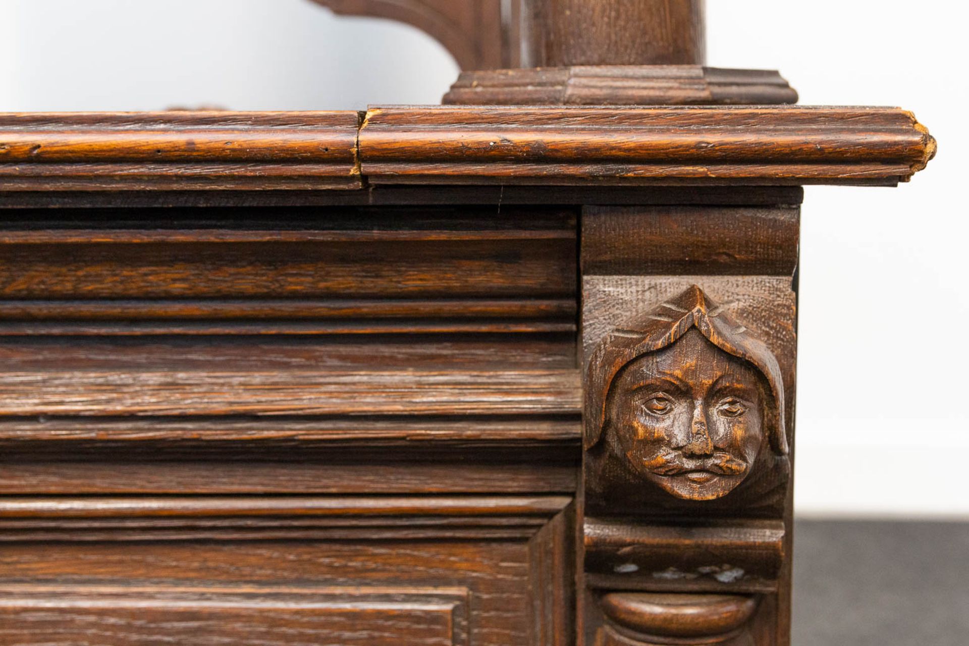 A hallbench made of different elements with marquetry inlay, stained glass and statues in Henry Deux - Image 9 of 21