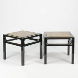 A pair of mid-century side tables with gilt top and metal base. The second half of the 20th century.
